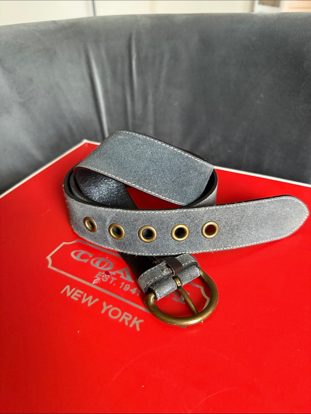 Coach Soho Blueish Grey 1.5” Suede Brass Hardware XL Grommet Belt